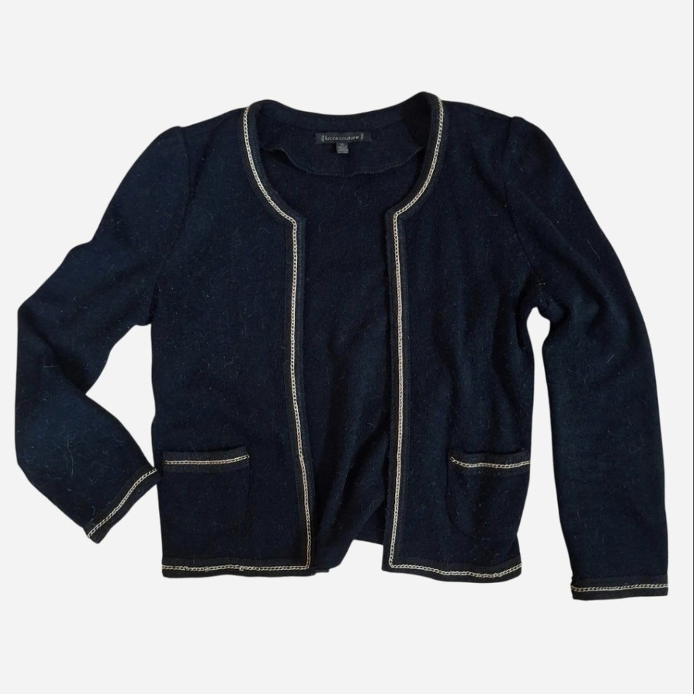 Lucca Couture Black Chain-Trim Open Front Cropped Cardigan